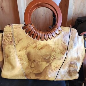 Patricia Nash Yellow Artistic Leather Tote with Wood Ring Handles